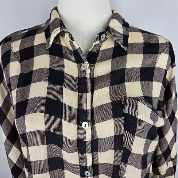 POL Crop Shirt Large Black Cream Plaid Flannel Button-Up Gorpcore Cabincore - Picture 8 of 11